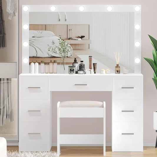 Vanity Desk with Stool Makeup Vanity Table Set 3 Color Lighting Modes Brightness Adjustable Dressers for Bedroom Furniture Girls