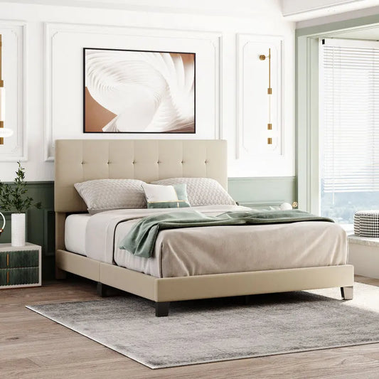Upholstered Platform Bed with Tufted Headboard, Box Spring Needed, Gray/Beige Linen Fabric, Queen Size 84.8”L X 64.3”W X 51.1”H