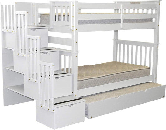 Tall Stairway Bunk Beds Twin over Twin with 4 Drawers in the Steps and a Twin Trundle, White