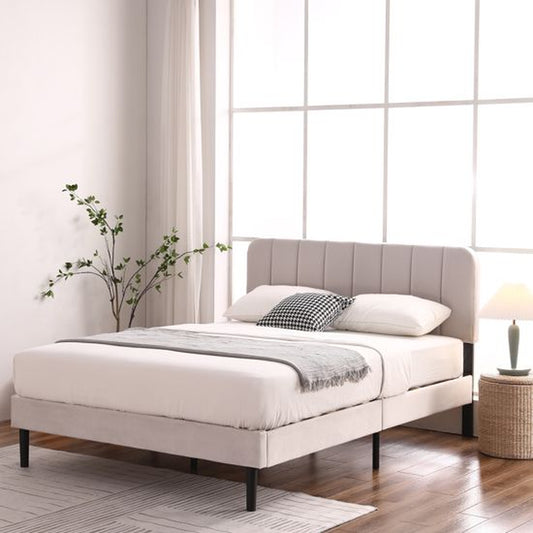 Multi-Size Bed Frame, Upholstered Bed Double Bed Single Bed Height Adjustable Flannel Upholstered Bed Light Khaki